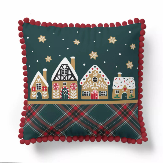 5379 A Christmas Deco Detexpol domek z piernika i gwiazdki – poszewka dekoracyjna świąteczna 45x45, Panama, zamek błyskawiczny