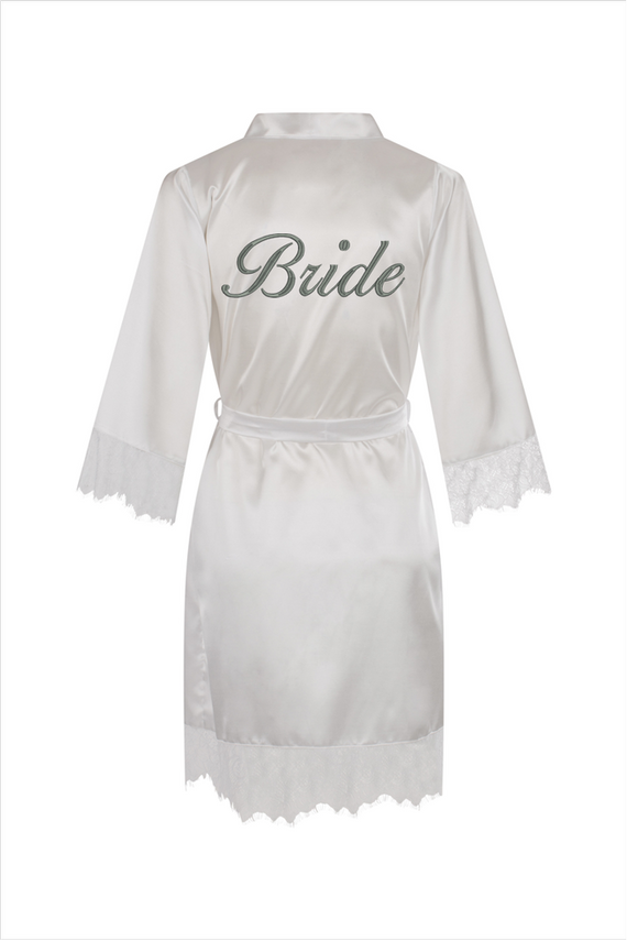Szlafrok damski satynowy z koronką Bride ByShelly - biały/srebrny