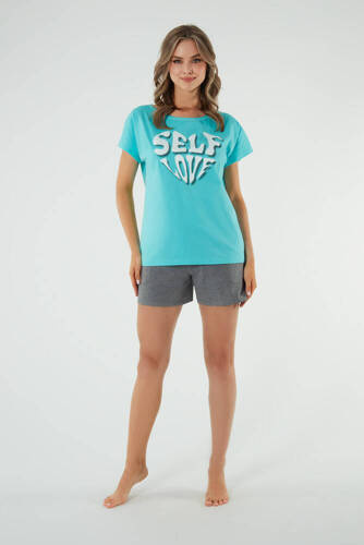 Piżama Damska krótki rękaw, spodenki Selfie Italian Fashion - turkus/melanż