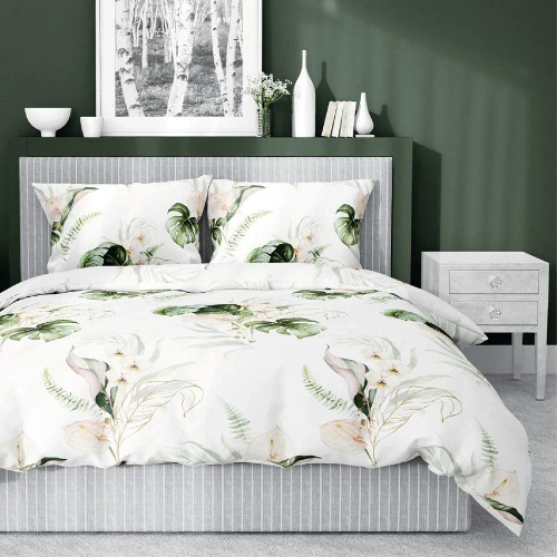 Pościel satynowa liście monstery 4452 A Home Satin Detexpol zielony