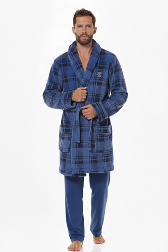 L&L 2456 BJ navy– męski szlafrok w kratkę, miękki z kieszeniami