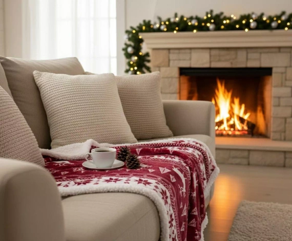 SACO Koc świąteczny 150x200 – bordowy, ciepły, miękki, w renifery i choinki, w ozdobnym worku