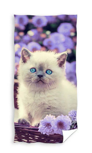 Dziecięcy ręcznik plażowy Kotek w koszu kawiatów Carbotex | Kolorowy, miękki, bawełniany