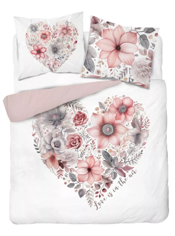 Detexpol Holland 5126 A pościel bawełniana biała z różowym sercem z kwiatów- dwustronna, naturalna, 100% bawełna