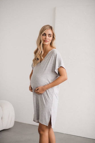 Wiskozowa koszula nocna ciążowa i do karmienia Moon Milk&Love jasny szary melanż