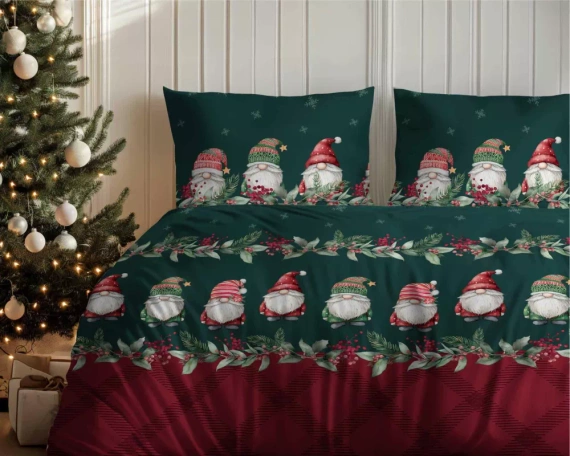 5618 A Magia Świąt Detexpol Pościel świąteczna flanelowa w skrzaty na bordowo-zielonym tle– bawełna 100%, certyfikat OEKO-TEX®