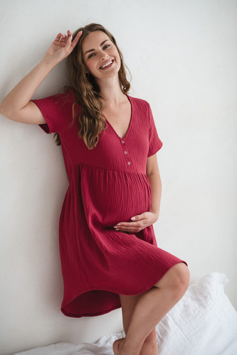 Koszula nocna ciążowa i do karmienia muślinowa Aurora Milk&Love malinowy