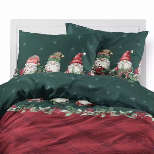 5618 A Magia Świąt Detexpol Pościel świąteczna flanelowa w skrzaty na bordowo-zielonym tle– bawełna 100%, certyfikat OEKO-TEX®