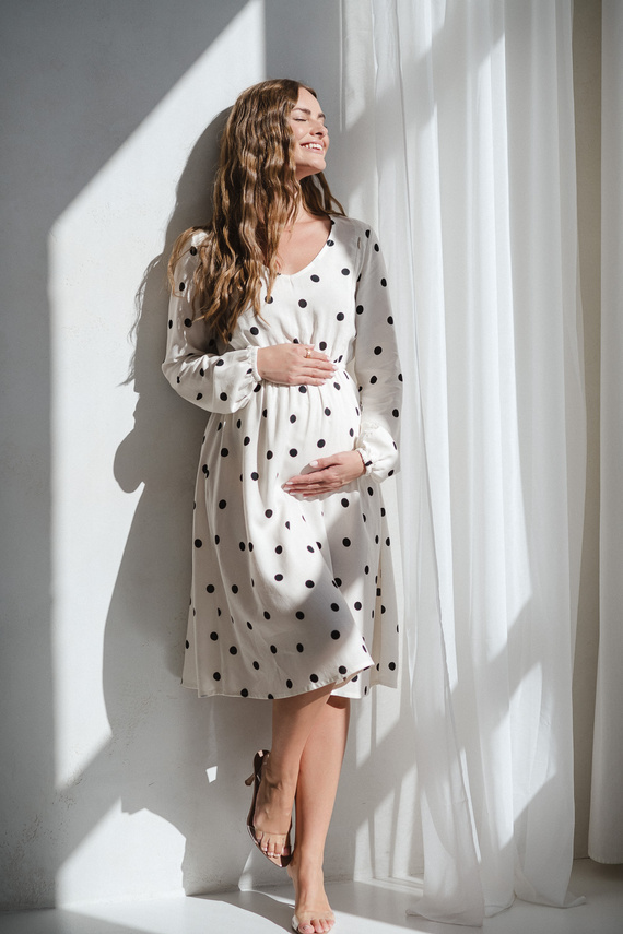 Sukienka ciążowa i do karmienia Lovely Dress Midi Milk&Love kremowa w grochy– naturalna tkanina z lnem, elegancka midi z zamkami do karmienia