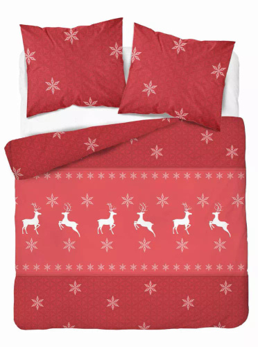 5621 A Magia Świąt Detexpol Pościel świąteczna flanelowa czerwona w renifery i śnieżynki – bawełna 100%, certyfikat OEKO-TEX®