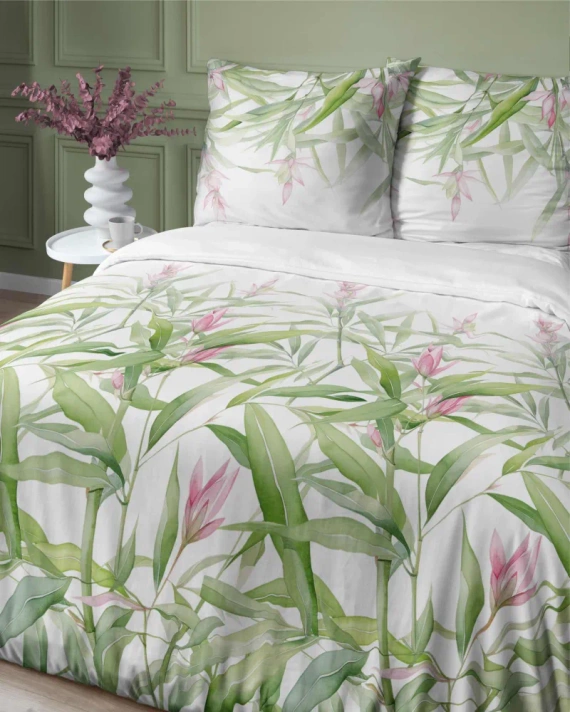 Pościel satynowa liście 4922 A Home Satin Detexpol biały 