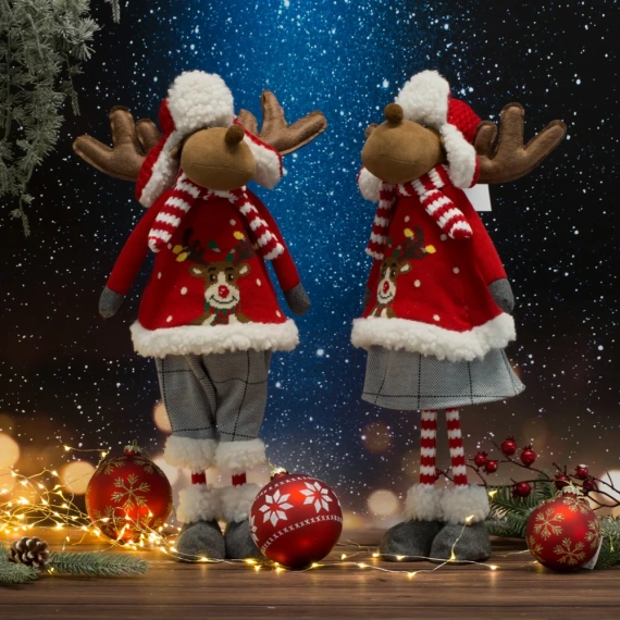 Figurka świąteczna 92B Renifer w zimowym stroju z miękkich tkanin Eurofirany czerwony