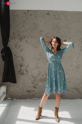 Sukienka do karmienia ciążowa Two Ways MIDI Milk&Love miętowa granatowa w listki