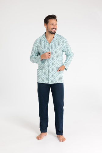 Regina 486 zielona – męska piżama z bawełny, długi rękaw, guziki, elegancki fason