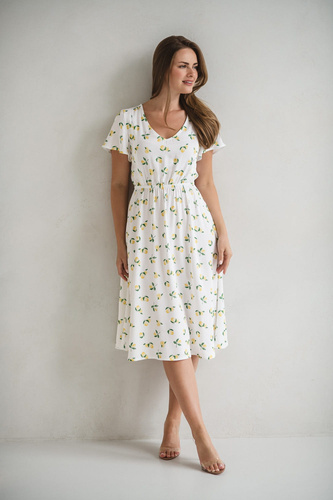 Biała sukienka ciążowa i do karmienia w cytryny – Lovely Dress Midi, krótki rękaw Milk&Love 