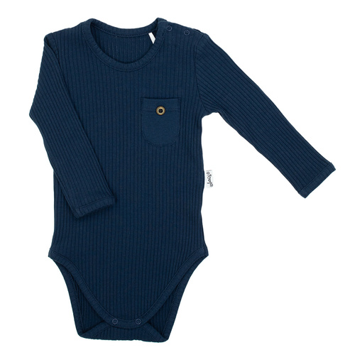 Body bawełniane niemowlęce Nicol Willy granatowe prążkowane – model 219097, kieszonka
