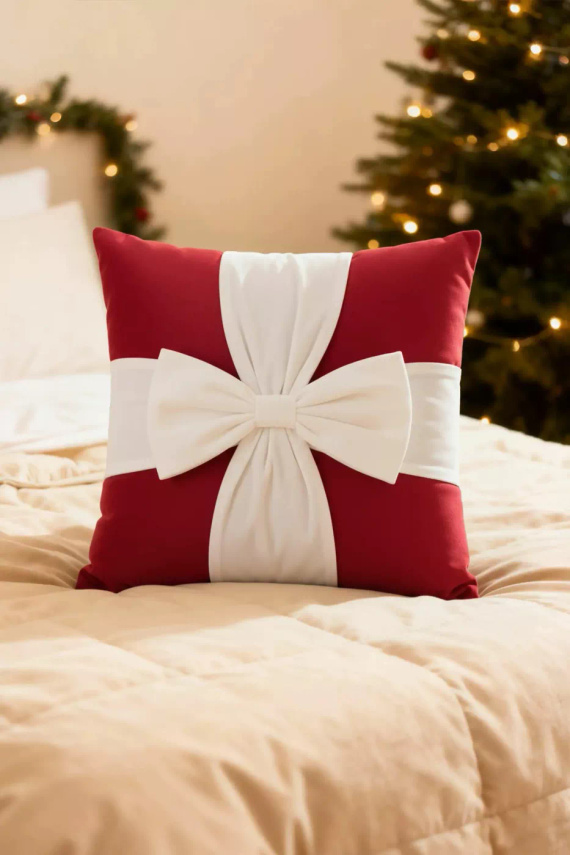 Świąteczna poszewka prezent Christmas Bow BN23 – velvet 45x45, biała z bordową kokardą, dekoracja premium