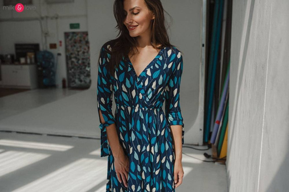 Sukienka do karmienia ciążowa Two Ways MIDI Milk&Love miętowa granatowa w listki