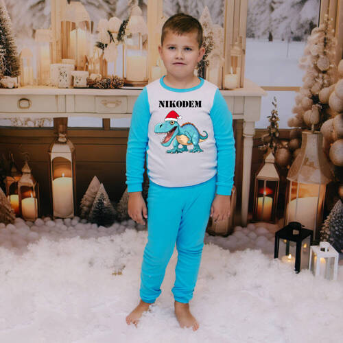 Piżamka świąteczna dla dzieci z dinozaurem oraz imieniem Moocha niebieski