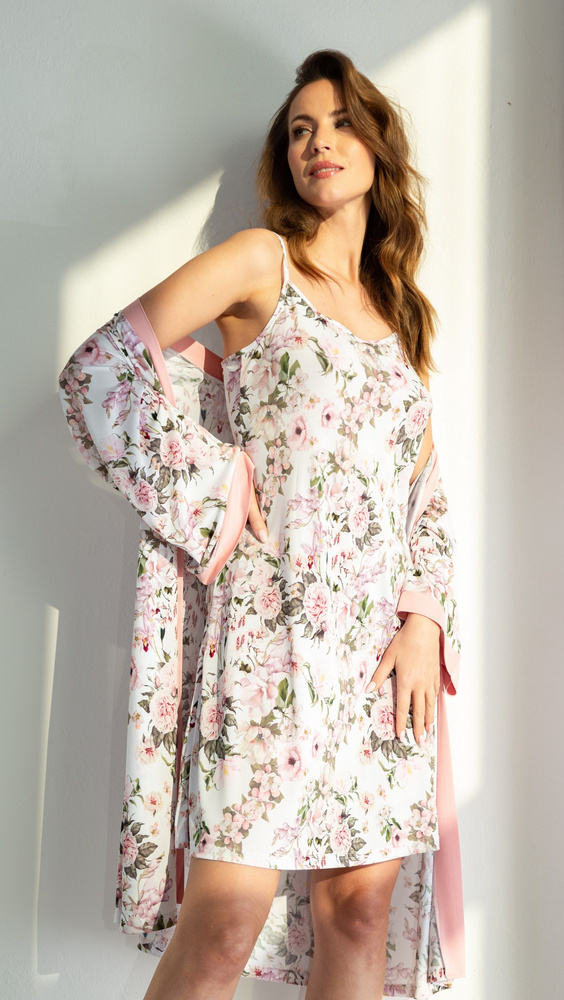 Koszula nocna na ramiączkach 86461 Kamelia Mewa różowy kwiaty