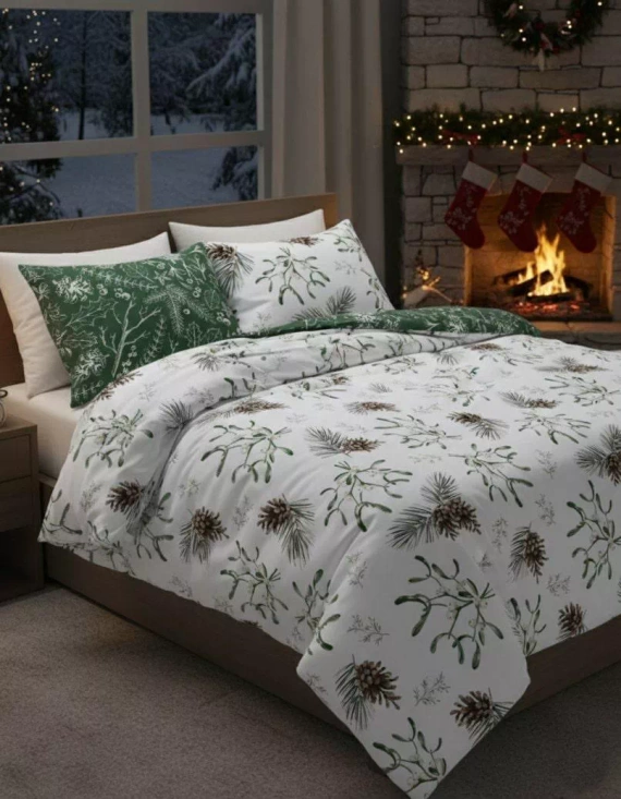 Scandic 083 Scandic Faro biała i zielona z szyszkami– pościel świąteczna dwustronna, bawełna 100%, komplet 