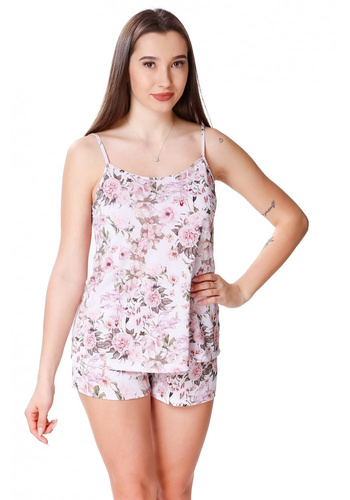 Piżama damska na ramiączkach 86463 Kamelia Mewa różowe kwiaty 