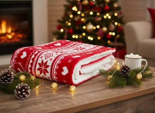 SACO Koc świąteczny 150x200 – czerwony, ciepły, miękki, z norweskim wzorem śnieżynek, w ozdobnym worku