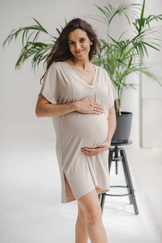 Bambusowa koszula nocna ciążowa i do karmienia Moon Milk&Love jasny beż