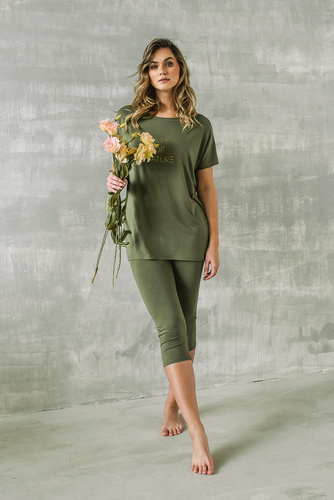 Piżama Damska krótki rękaw, 3/4 spodnie Natura Italian Fashion - khaki