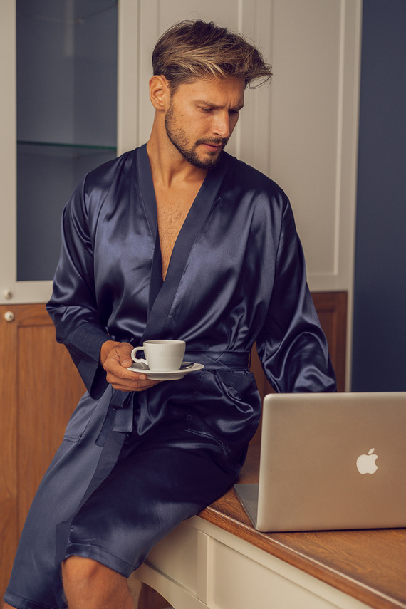 Szlafrok męskie satynowy Ares ByShelly - granatowy