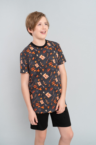 Piżama chłopięca krótki rękaw, spodnie Western Italian Fashion - grafit/czarny