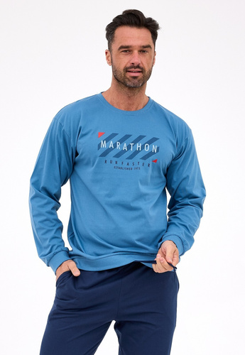 Cornette 322/301 Marathon –niebieska męska piżama z bawełny, długi rękaw, wygoda na co dzień