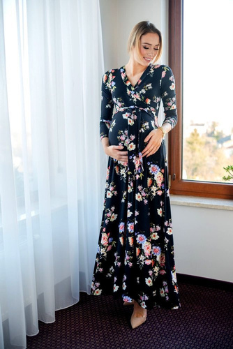 109 Wizytowa Sukienka z długim rękawem MIRACLE- granat w kwiaty 