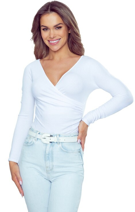 Eleganckie body damskie Eldar Cortina białe – prążkowana wiskoza, kopertowy dekolt, długi rękaw