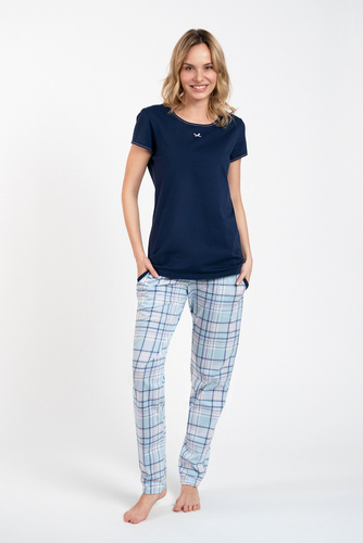 Piżama Damska krótki rękaw, długie spodnie Glamour Italian Fashion - granatowy/druk