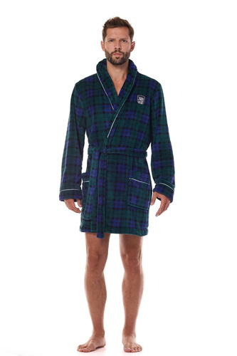 L&L 2456 BJ granatowy– męski szlafrok w kratkę, miękki z kieszeniami