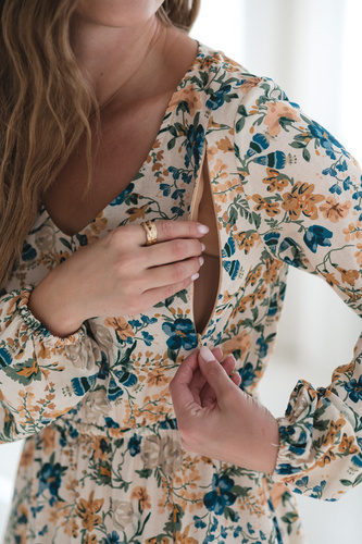 Sukienka ciążowa i do karmienia Lovely Dress Midi Milk&Love beżowa w kwiaty– naturalna tkanina z lnem, elegancka midi z zamkami do karmienia