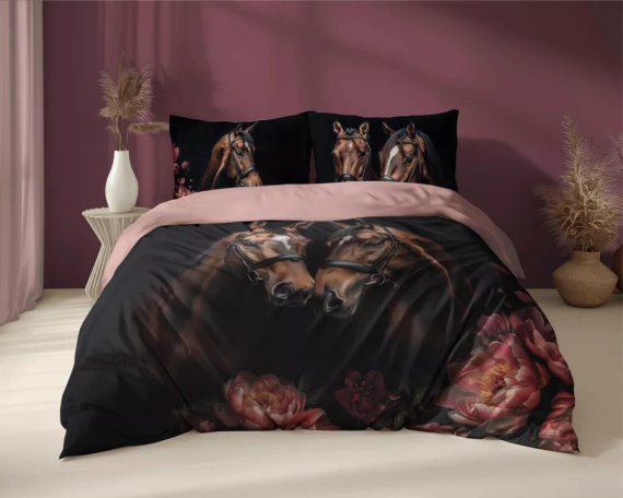 Pościel bawełniana konie kwiaty 5295 A Holland Detexpol czarny