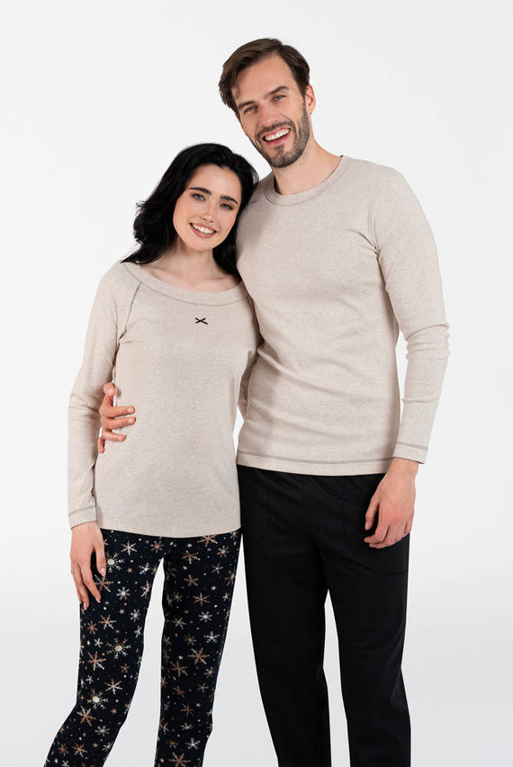 Piżama Damska długi rękaw, długie spodnie Denali Italian Fashion - beżowy melanż/druk