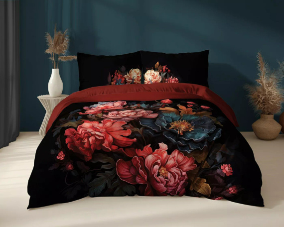 Detexpol Holland 5116 A pościel bawełniana czarna z motywem piwonii– dwustronna, naturalna, 100% bawełna