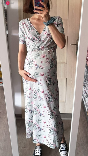 Two Ways LONG Sukienka do karmienia ciążowa krótki rękaw Milk&Love miętowa w magnolie i ptaki