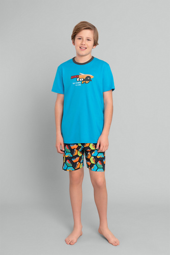 Piżama chłopięca krótki rękaw, spodnie Komiks Italian Fashion -turkusowy/druk