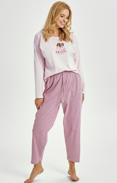 Damska piżama Elisa 3434 Taro – bawełna, długi rękaw, spodnie w kratkę