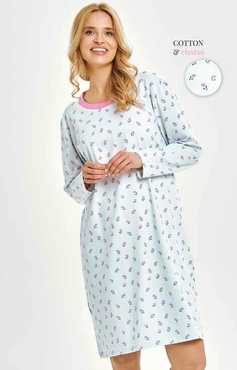 Damska koszula nocna Yolanda 3447 Taro – bawełna z elastanem, kwiaty, długi rękaw