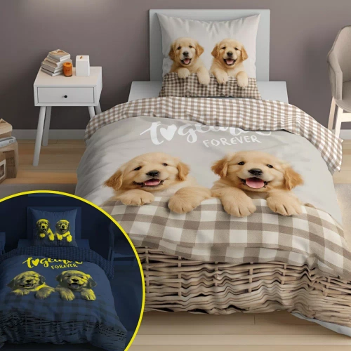 Pościel świecąca w ciemności 140x200 Pieski Together Forever 5553 A Fluo 95 + poszewka 70x90 | 100% bawełna | Dla dzieci