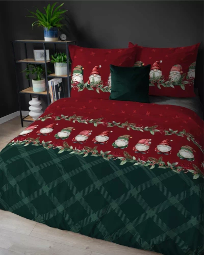 5618 B Magia Świąt Detexpol Pościel świąteczna flanelowa w skrzaty na bordowo-zielonym tle– bawełna 100%, certyfikat OEKO-TEX®