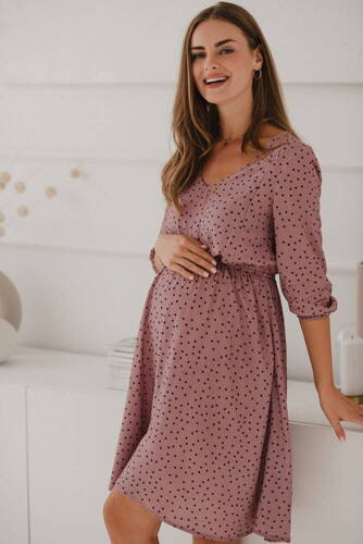 Sukienka ciążowa i do karmienia Lovely Dress rękaw 3/4 Milk&Love liliowa w czarne groszki
