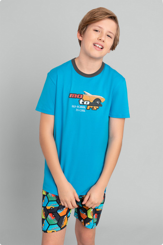 Piżama chłopięca krótki rękaw, spodnie Komiks Italian Fashion -turkusowy/druk