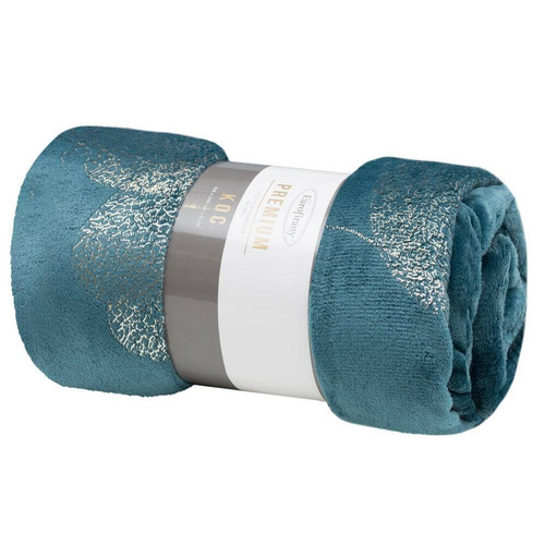 Koc narzuta z mikrofibry z błyszczącym nadrukiem liści Ginko 2 Eurofirany miodowy