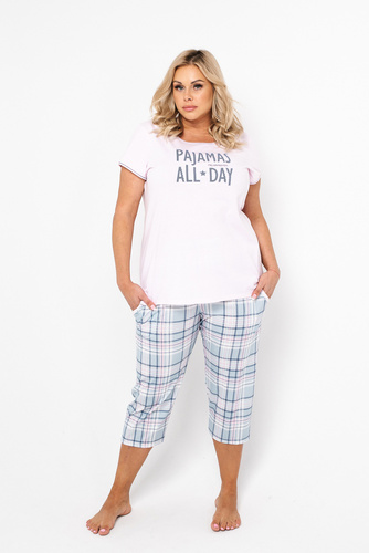 Piżama Damska krótki rękaw, 3/4 spodnie Glamour Italian Fashion - różowy/druk